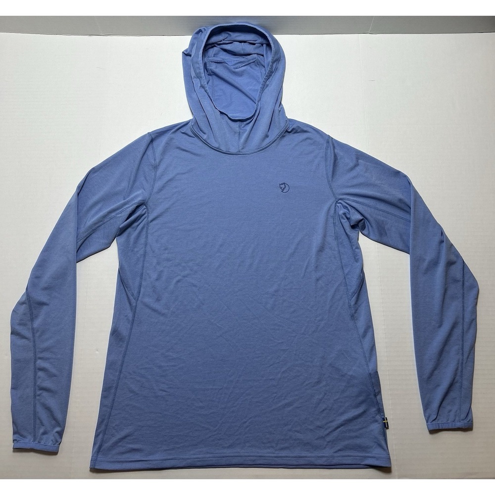 Fjallraven Womens Medium Abisko Sun Hoodie Blue Lightweight UPF Hooded Logo Hike